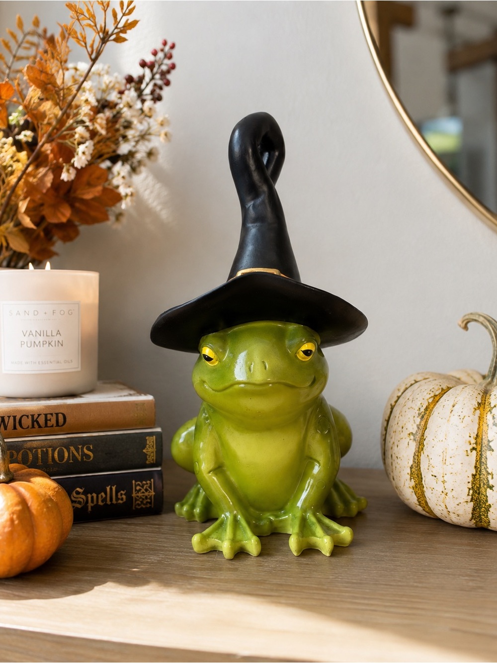 Green Witch Frog Halloween Figurine Black Hat Orange Band Spooky Decor